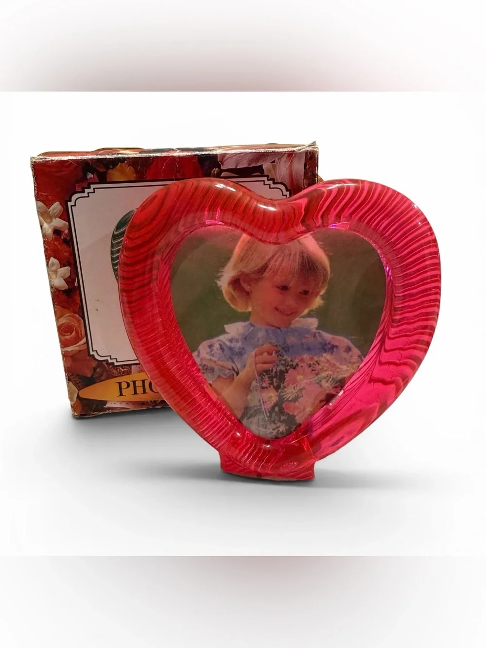 Vintage Pink Heart Shaped Resin Photo Frame 4” Freestanding Display with Box